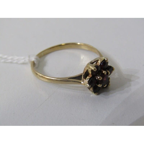 282 - GARNET CLUSTER RING, 9ct yellow gold ring, set a cluster of garnets, size N/O