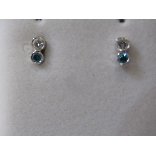 284 - DIAMOND EARRINGS, pair of blue and white diamond earrings, set in 14ct gold