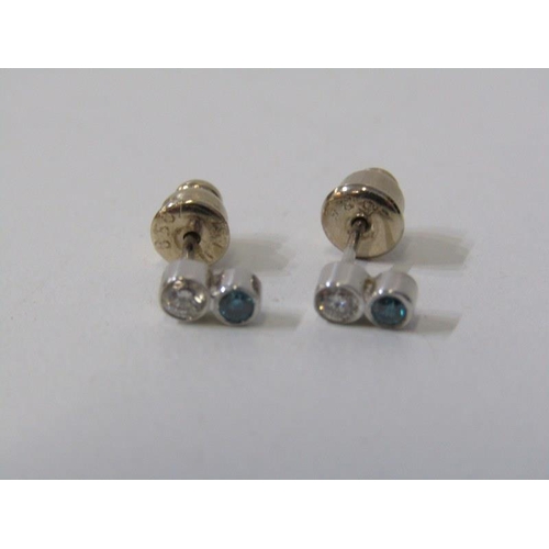 284 - DIAMOND EARRINGS, pair of blue and white diamond earrings, set in 14ct gold