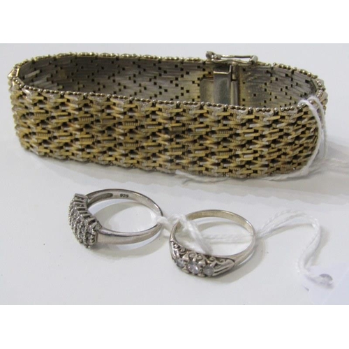 296 - COSTUME JEWELLERY, a gold plated bracelet together with 2 stone set silver rings