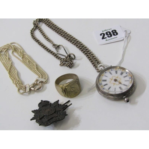 298 - SILVER POCKET WATCH, silver cased foliate decorated pocket watch on plated chain, cap badge, plated ... 