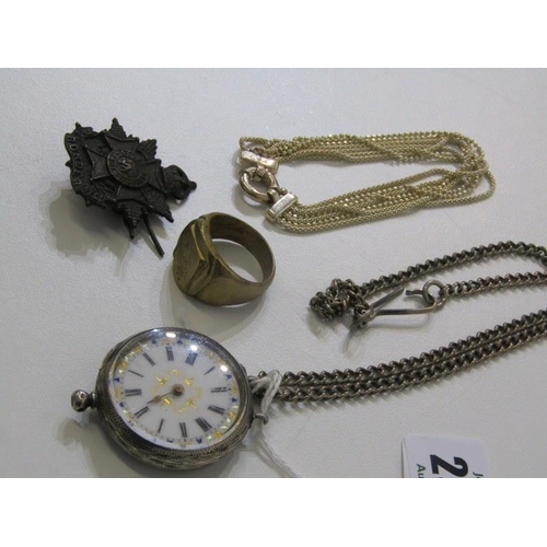 298 - SILVER POCKET WATCH, silver cased foliate decorated pocket watch on plated chain, cap badge, plated ... 