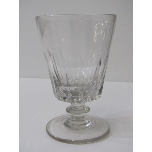 3 - 19th CENTURY STEMMED ALE GLASS, facet cut body, knopped stem on large rim base, with etched inscript... 