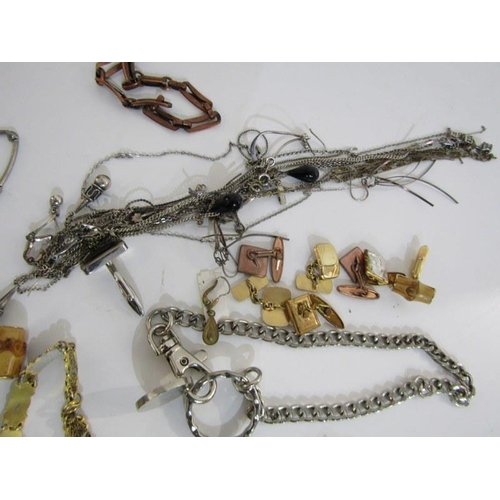 301 - COSTUME JEWELLERY, plated watch chain, medallions, pendants, silver and white metal necklaces, cuffl... 