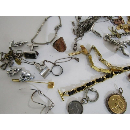 301 - COSTUME JEWELLERY, plated watch chain, medallions, pendants, silver and white metal necklaces, cuffl... 