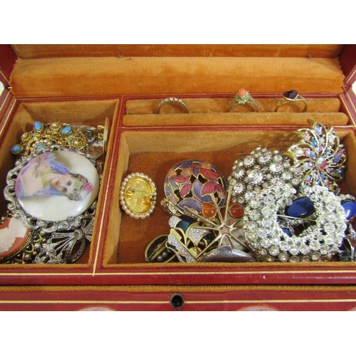 310 - JEWELLERY BOX & CONTENTS, red leather effect jewellery box containing good selection of stone set br... 