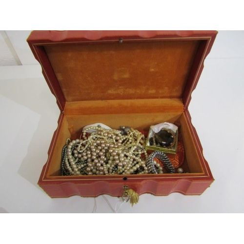 310 - JEWELLERY BOX & CONTENTS, red leather effect jewellery box containing good selection of stone set br... 