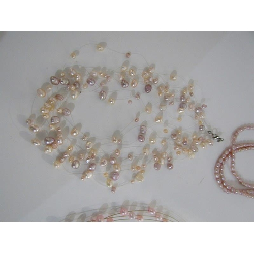 311 - PEARL NECKLACES, a pink pearl 3 strand Turkish style necklace and multi strand cultured pearl choker... 