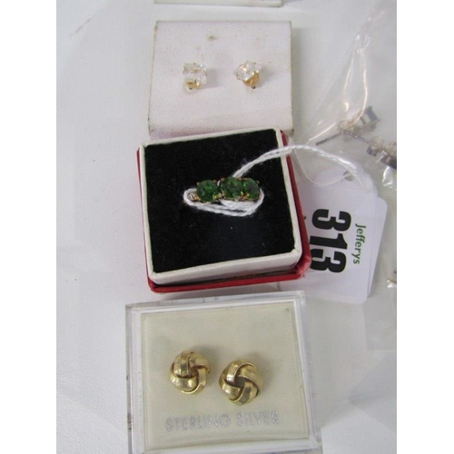 313 - COSTUME RING & ASSORTED EARRINGS, yellow metal ring stamped 9k set 3 green stones, pairs of 9ct gold... 