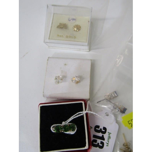 313 - COSTUME RING & ASSORTED EARRINGS, yellow metal ring stamped 9k set 3 green stones, pairs of 9ct gold... 