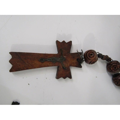 316 - ROSARY BEADS, 2 sets of antique French rosary beads, 1 large carved wood set with wooden cross, othe... 