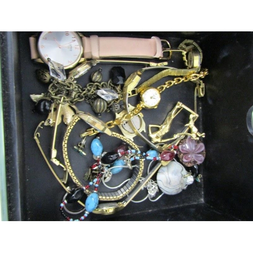 317 - COSTUME JEWELLERY, mirrored table top 3 drawer jewellery cabinet containing costume watches, bracele... 