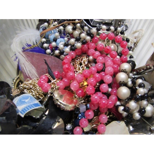 327 - COSTUME JEWELLERY, 2 tubs of assorted costume jewellery, retro watch, assorted bead necklaces, penda... 