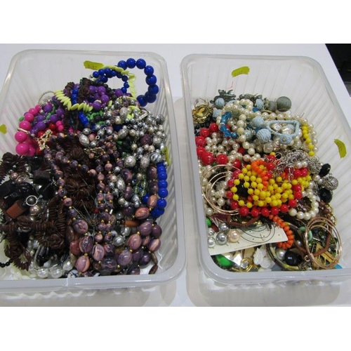 332 - BEADED NECKLACES, 2 tubs of colourful beaded necklaces and faux style pearls, also earrings and othe... 