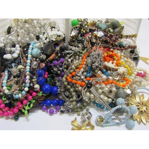 332 - BEADED NECKLACES, 2 tubs of colourful beaded necklaces and faux style pearls, also earrings and othe... 