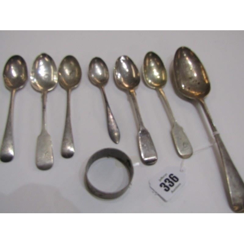 336 - SILVER SPOONS, collection of silver teaspoons various dates and makers, also a napkin ring 171 grams