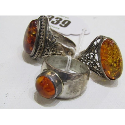 339 - AMBER JEWELLERY, 3 silver amber rings including 1 of teardrop design, also silver & amber earrings