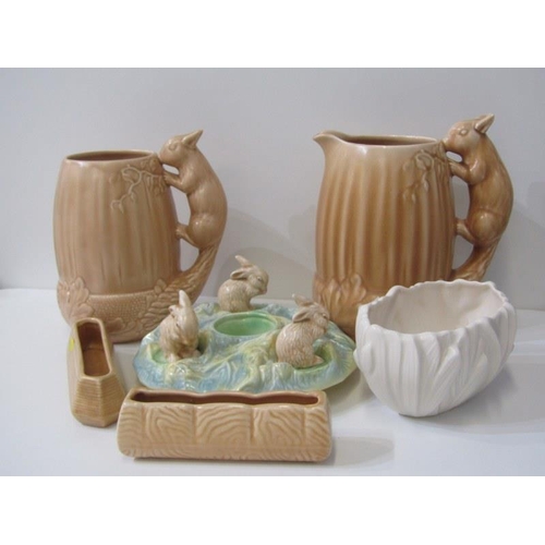 34 - SYLVAC, 2 brown glazed squirrel jugs, also rabbit decorated flower holder and 3 other pieces