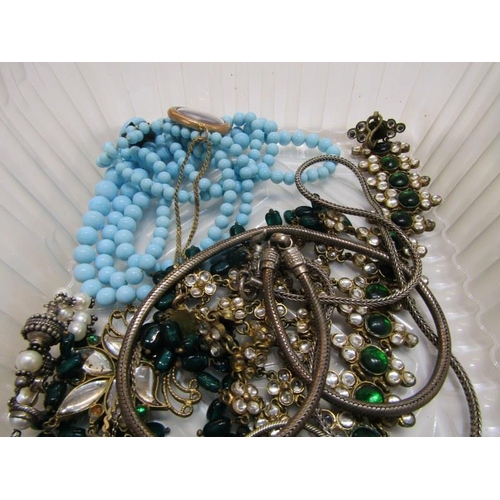 341 - COSTUME JEWELLERY, good selection drop earrings, beaded necklaces pendants etc. in 2 tubs