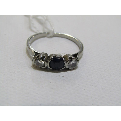 342 - 3 STONE SAPPHIRE & DIAMOND RING, platinum set   ring with central sapphire flanked by diamonds each ... 