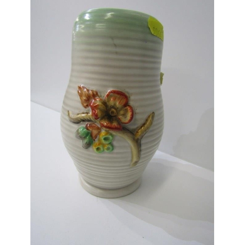 355 - CLARICE CLIFF, Clarice Cliff ribbed vase with floral decoration in relief, 16cms hight