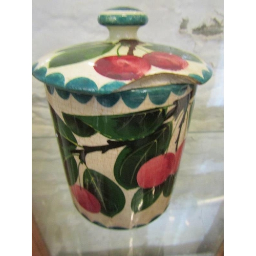 357 - WEMYSS POTTERY, a heart shaped ink stand decorated poultry A/F, a fruit decorated lidded pot A/F, po... 