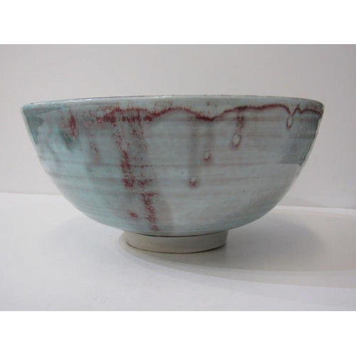 36 - ART POTTERY, large art pottery bowl on stemmed support with green glaze, 26cm