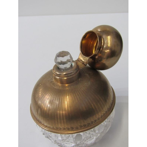 361 - GOLD MOUNTED PERFUME BOTTLE, 9ct gold topped cut glass spherical perfume bottle with stopper, 13cm h... 