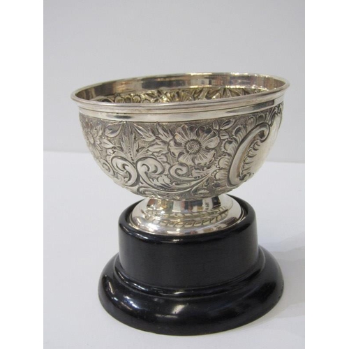 363 - LATE VICTORIAN SILVER SUGAR BOWL, floral & scroll embossed pedestal sugar bowl, 12cm diameter on ebo... 