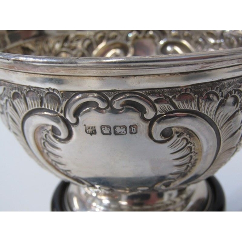 363 - LATE VICTORIAN SILVER SUGAR BOWL, floral & scroll embossed pedestal sugar bowl, 12cm diameter on ebo... 