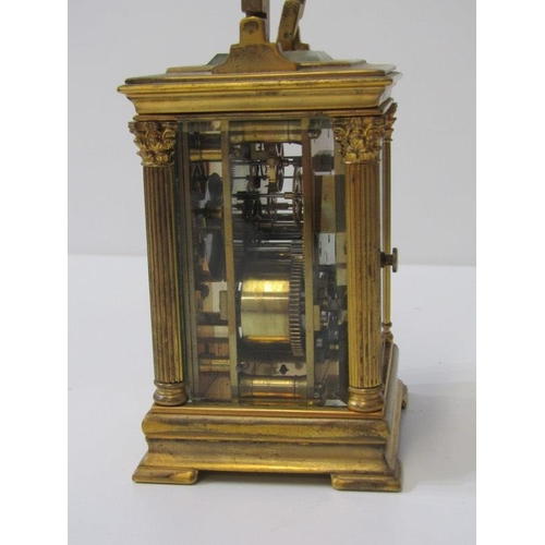 366 - ANTIQUE CARRIAGE CLOCK, classical columb support, 12cm carriage clock with coiled bar strike & key