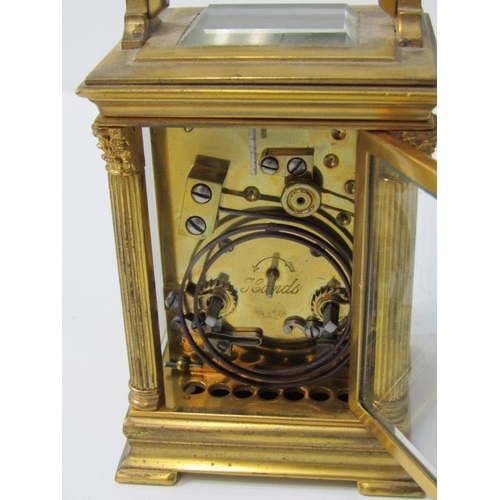 366 - ANTIQUE CARRIAGE CLOCK, classical columb support, 12cm carriage clock with coiled bar strike & key