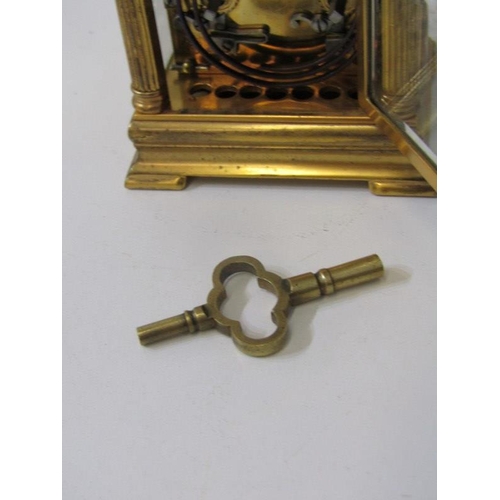 366 - ANTIQUE CARRIAGE CLOCK, classical columb support, 12cm carriage clock with coiled bar strike & key