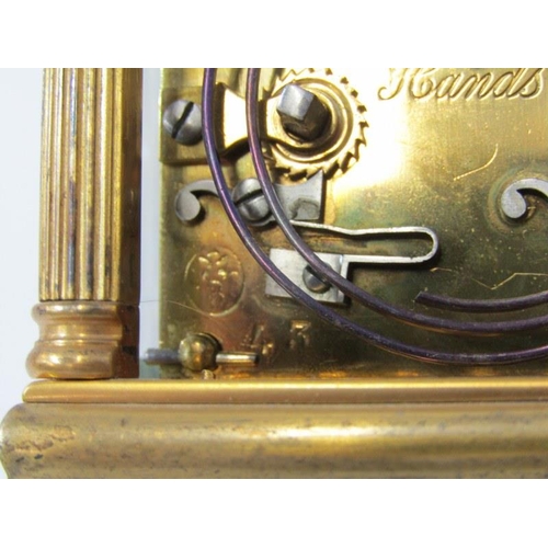 366 - ANTIQUE CARRIAGE CLOCK, classical columb support, 12cm carriage clock with coiled bar strike & key