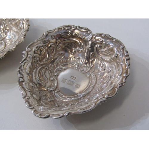 371 - SILVER BON BON DISHES, a pair of embossed heart shaped silver bon bon dishes, Birmingham 1984