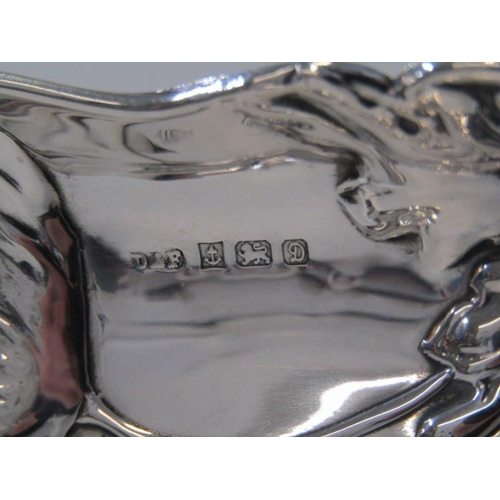 372 - POPPY DESIGN EMBOSSED SILVER PIN TRAY, Birmingham 1978, 65grms, also silver mounted condiment mill