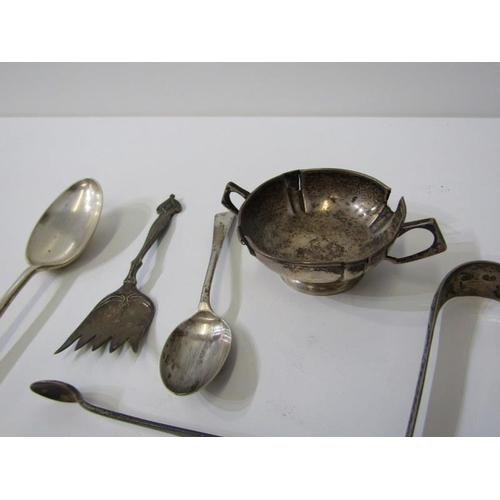 379 - SILVER CUTLERY, 3 pairs of sugar tongs, dessert spoon & other scrap silver, 197grms overall