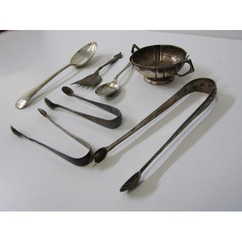 379 - SILVER CUTLERY, 3 pairs of sugar tongs, dessert spoon & other scrap silver, 197grms overall