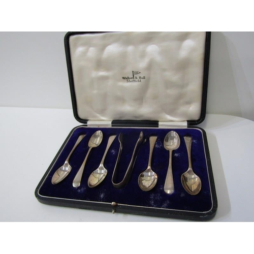 386 - WALKER & HALL CASED SET OF 6 SILVER TEASPOONS & TONGS, also Art Nouveau silver handled button hook s... 