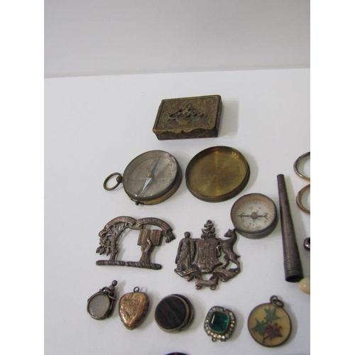 387 - COMMEMORATIVE BADGES, bird design vanity sissors, antique coin lidded snuff box & other plated items