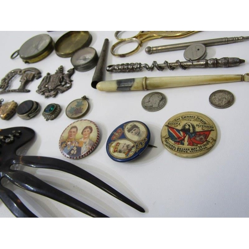 387 - COMMEMORATIVE BADGES, bird design vanity sissors, antique coin lidded snuff box & other plated items