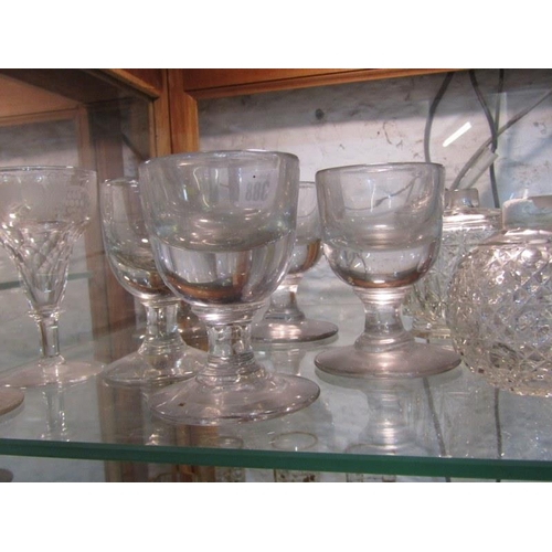 388 - ANTIQUE GLASSWARE, 5 Victorian firing tots, 2 other antique wine glasses & 2 perfume bottle bases