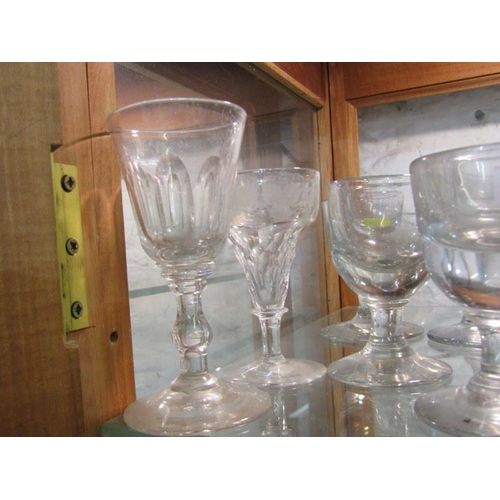 388 - ANTIQUE GLASSWARE, 5 Victorian firing tots, 2 other antique wine glasses & 2 perfume bottle bases