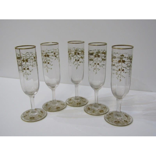 393 - GLASSWARE, gilt metal mounted oval sweet meat dish, pair of similar gilded tots & 5 champagne flutes