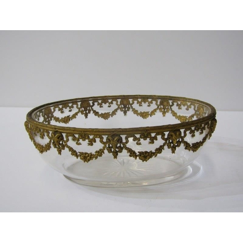 393 - GLASSWARE, gilt metal mounted oval sweet meat dish, pair of similar gilded tots & 5 champagne flutes