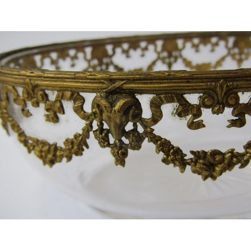 393 - GLASSWARE, gilt metal mounted oval sweet meat dish, pair of similar gilded tots & 5 champagne flutes