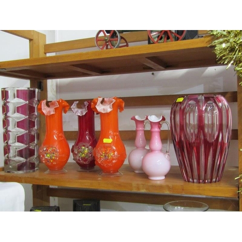 40 - COLOURED GLASS, 3 Japanese glass vases, also pair of milk glass small ewer jugs and 2 retro vases