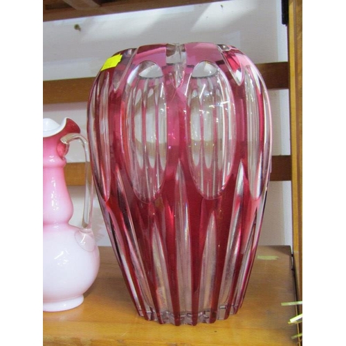 40 - COLOURED GLASS, 3 Japanese glass vases, also pair of milk glass small ewer jugs and 2 retro vases