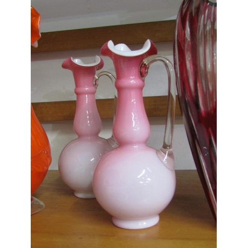 40 - COLOURED GLASS, 3 Japanese glass vases, also pair of milk glass small ewer jugs and 2 retro vases