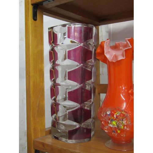 40 - COLOURED GLASS, 3 Japanese glass vases, also pair of milk glass small ewer jugs and 2 retro vases